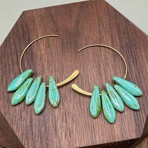 Handmade Turquoise Bead Brass Arc Earrings | Boho Artisan Jewelry